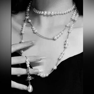 Long White Pearl Orb Womens Romantic Goth Wrap Silver Tone Lariat Necklace